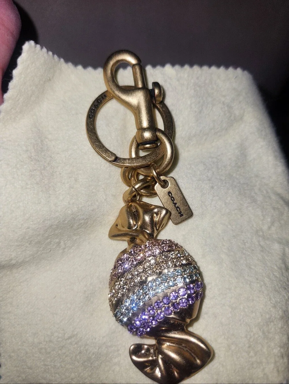 Coach Gold-Tone Crystal Candy Keychain Charm - Purple/Blue/Champagne
